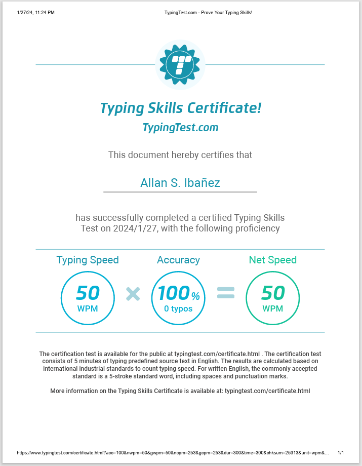 TypingTest Certificate