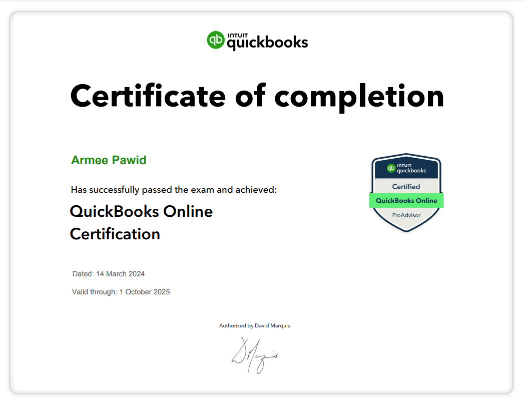 Certified Quickbooks Online ProAdvisor