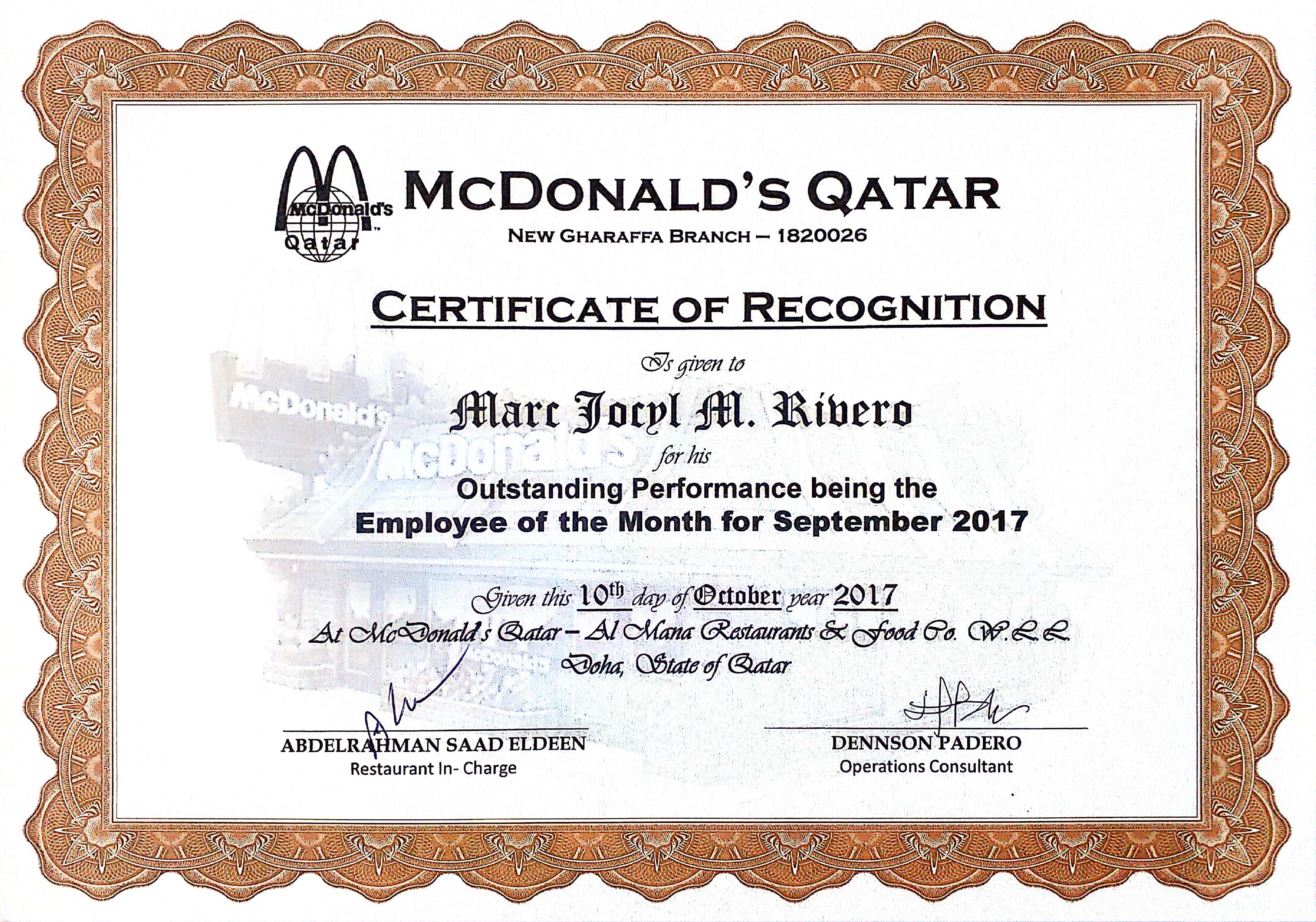 Mc Donalds Employee of the month of September 2017