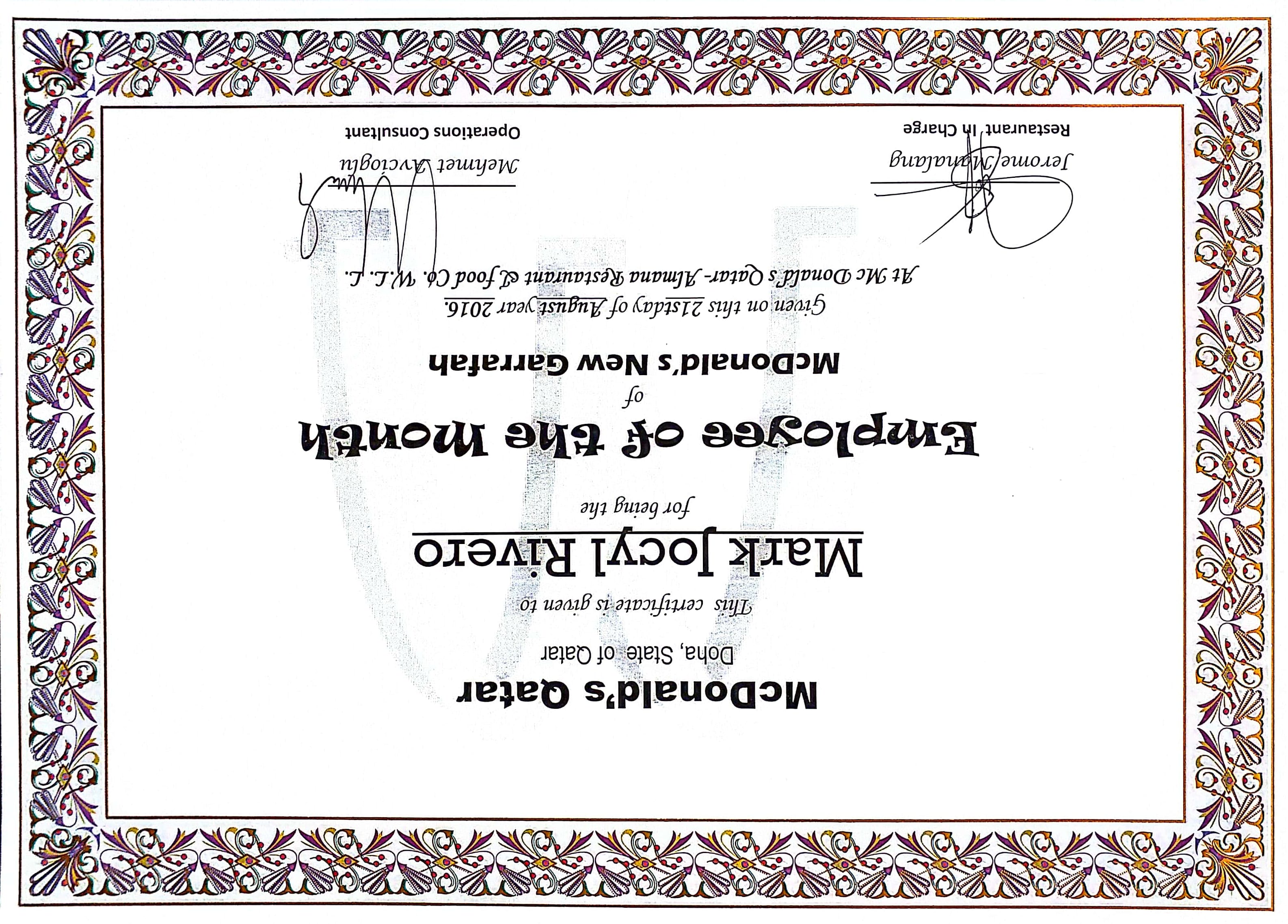 Mc Donalds employee of the month of August 2016