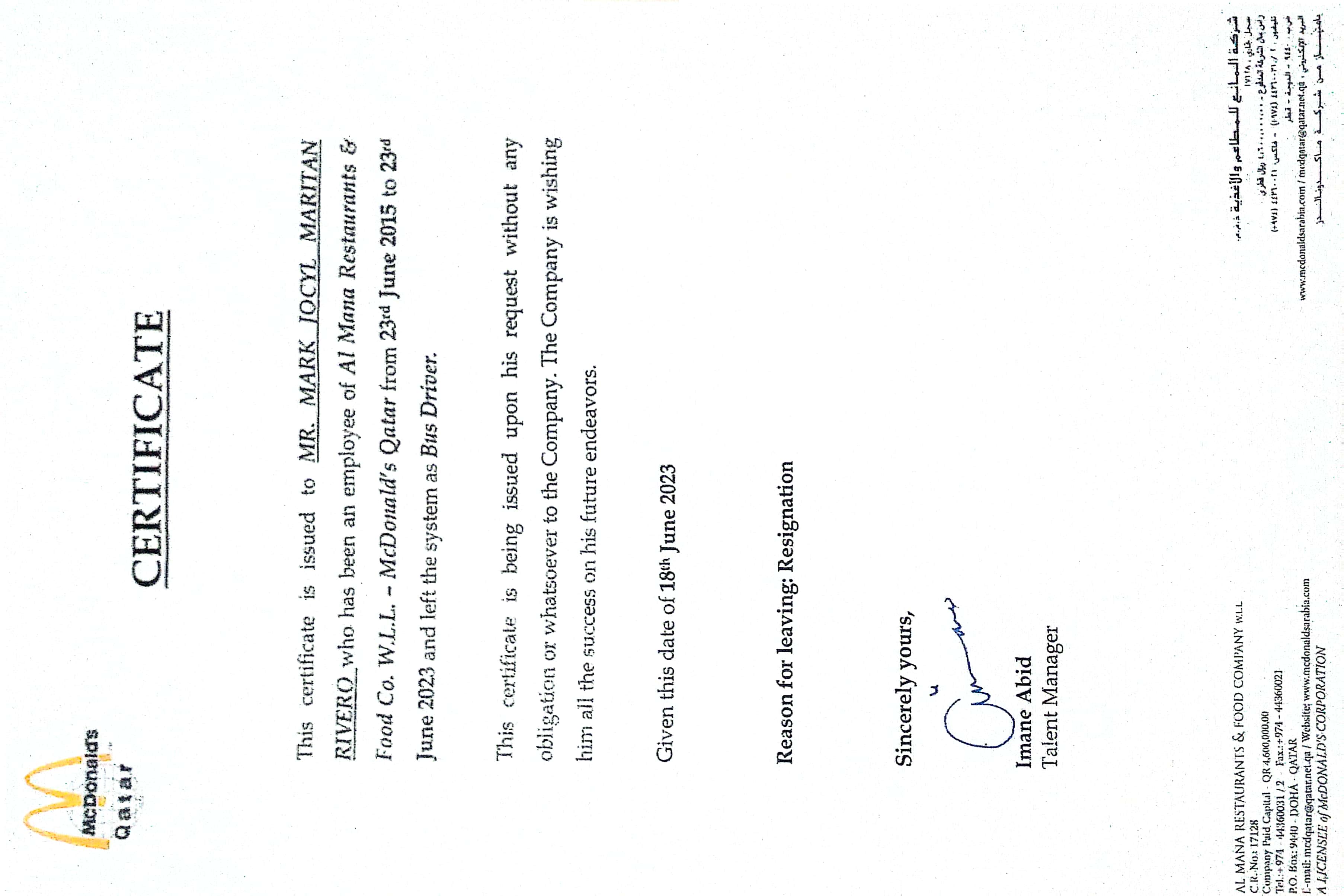 Mc Donalds Certificate of Employment