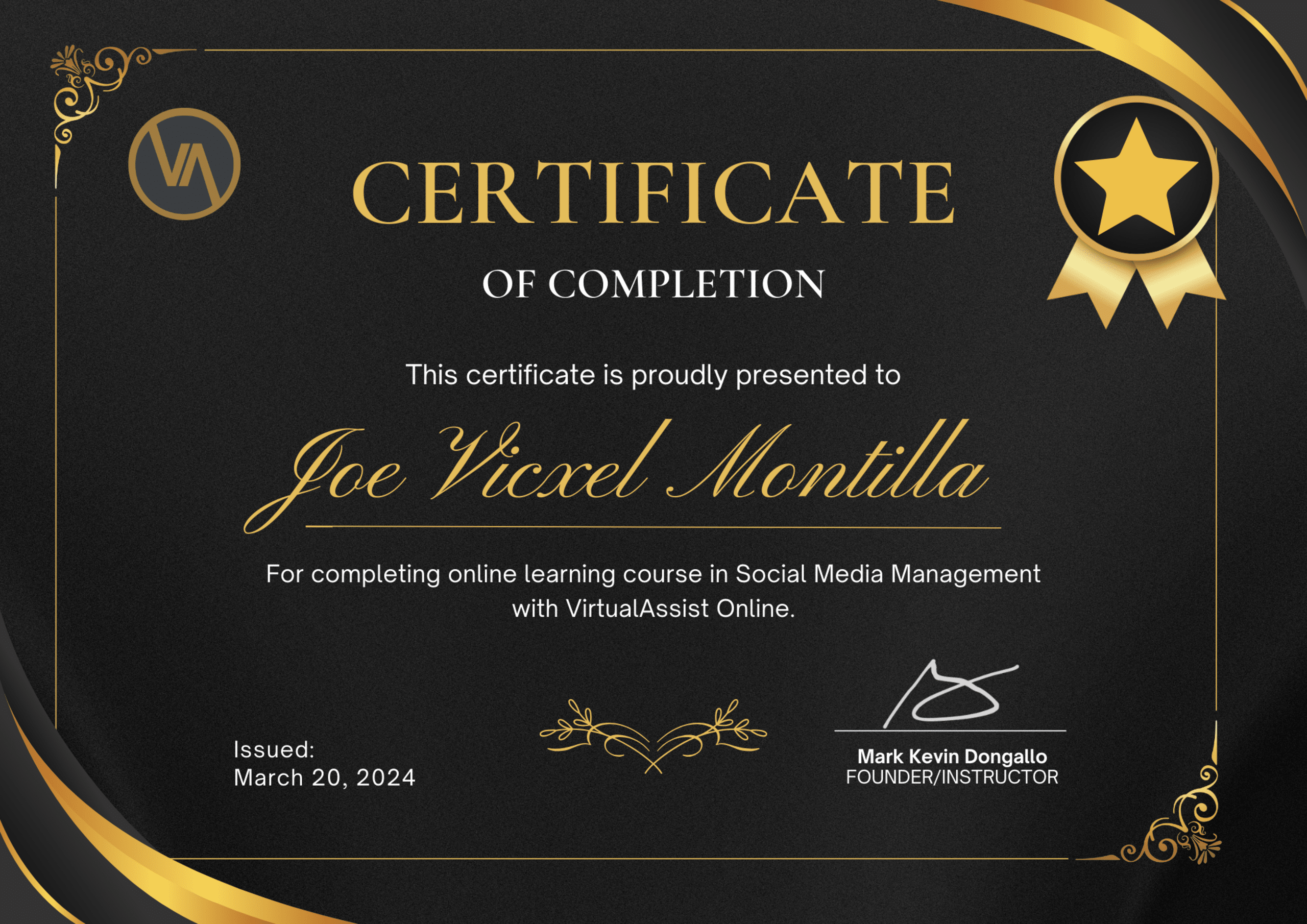 Certificate of Completion for Social Media Management