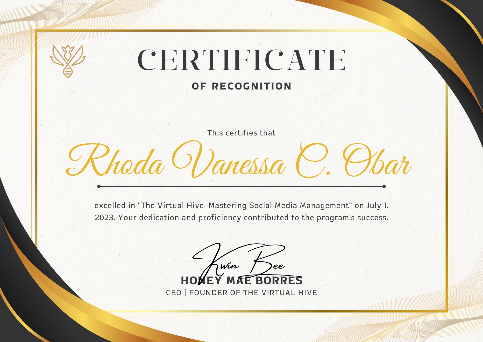 Certificate of Recognition TVH