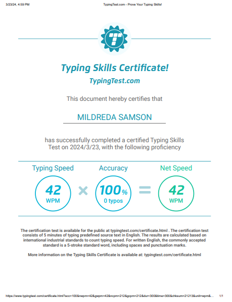 TYPING TEST CERTIFICATE