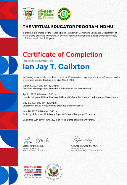 THE VIRTUAL EDUCATOR PROGRAM CERTIFICATE