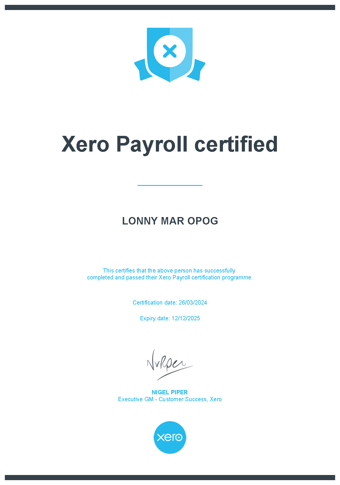 XERO PAYROLL CERTIFICATE