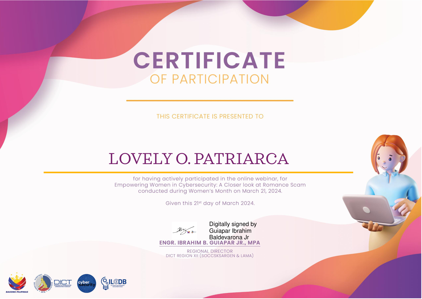 Certificate of Participation at Region 12 DICT (Cybersecurity Webinar)