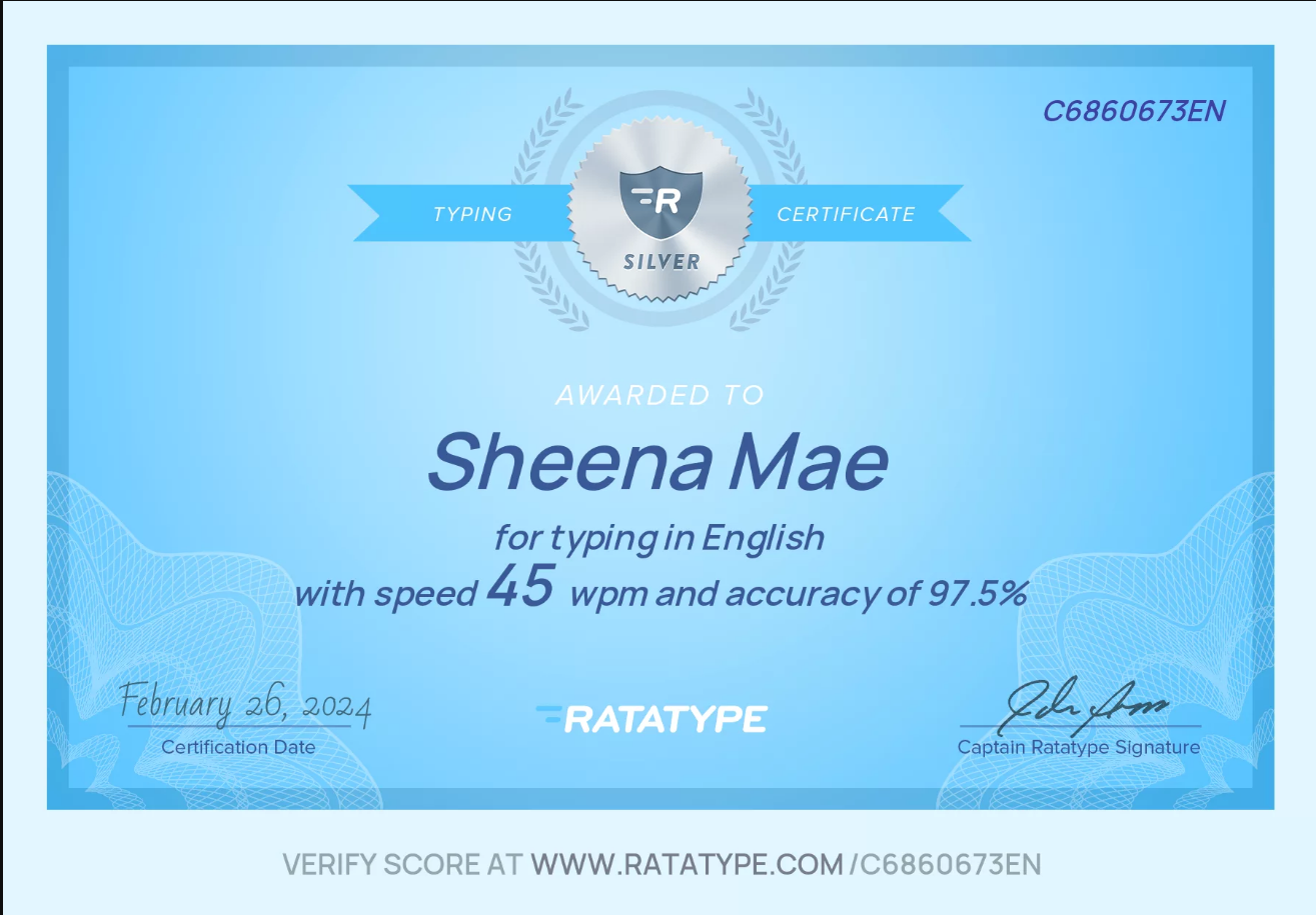 My typing test certificate