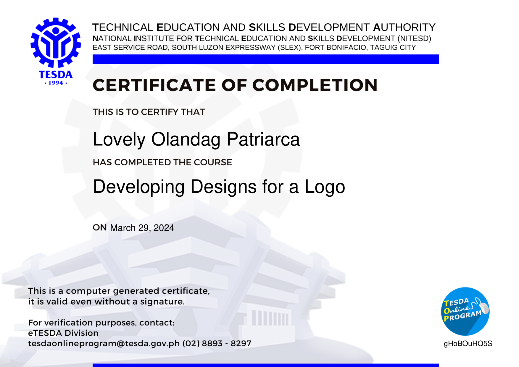 Certificate of Completion at Tesda [ Developing Designs for a Logo ]