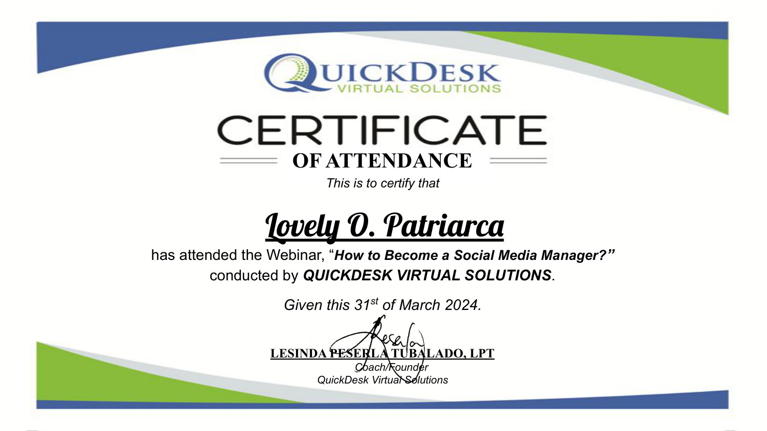 Certificate of Attendance at QuickDesk Virtual Solutions