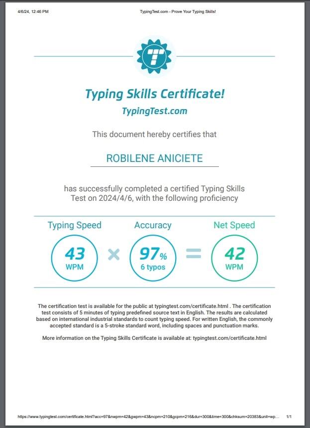 Typing Test Certificate