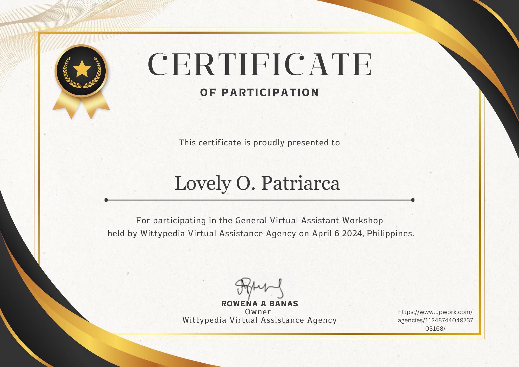 Certificate of Participation at Wittypedia Virtual Assistant Agency