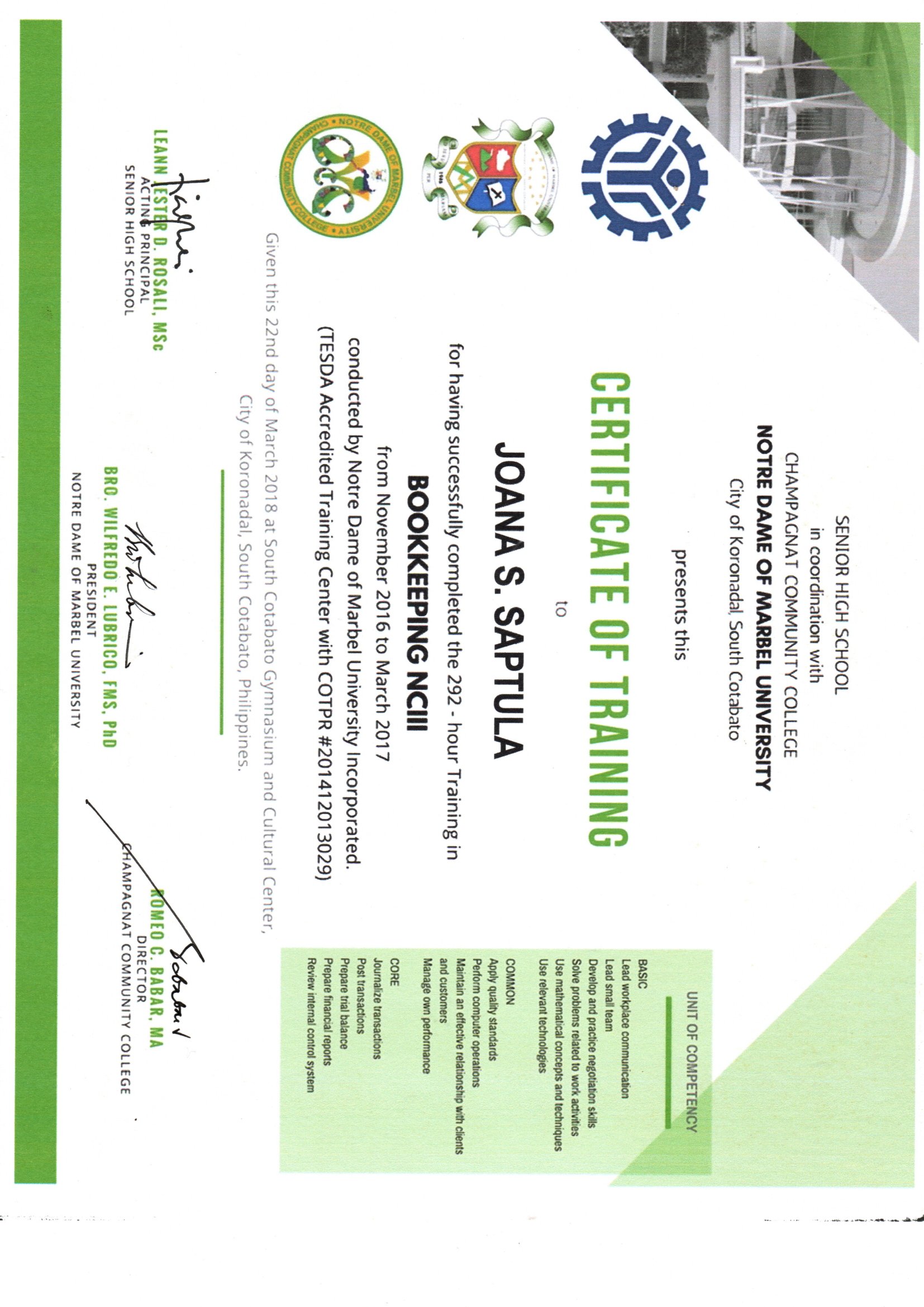 BOOKKEEPING TRAINING CERTIFICATE