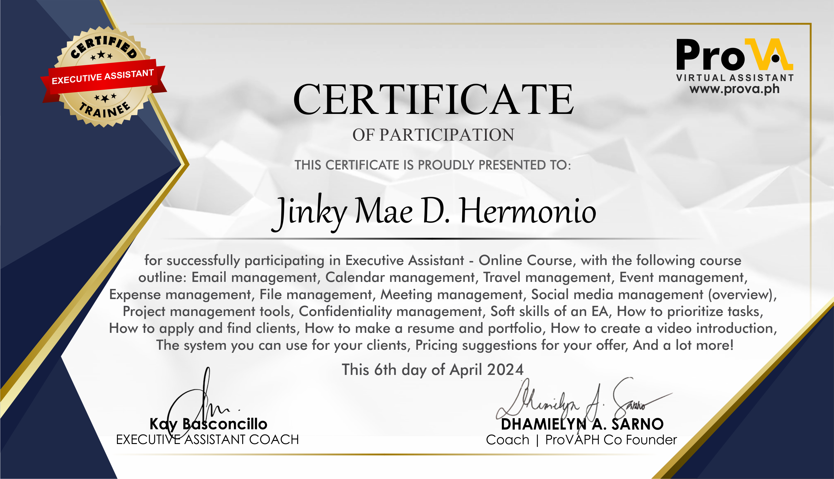 Jinky Mae Hermonio PROVA Certificate