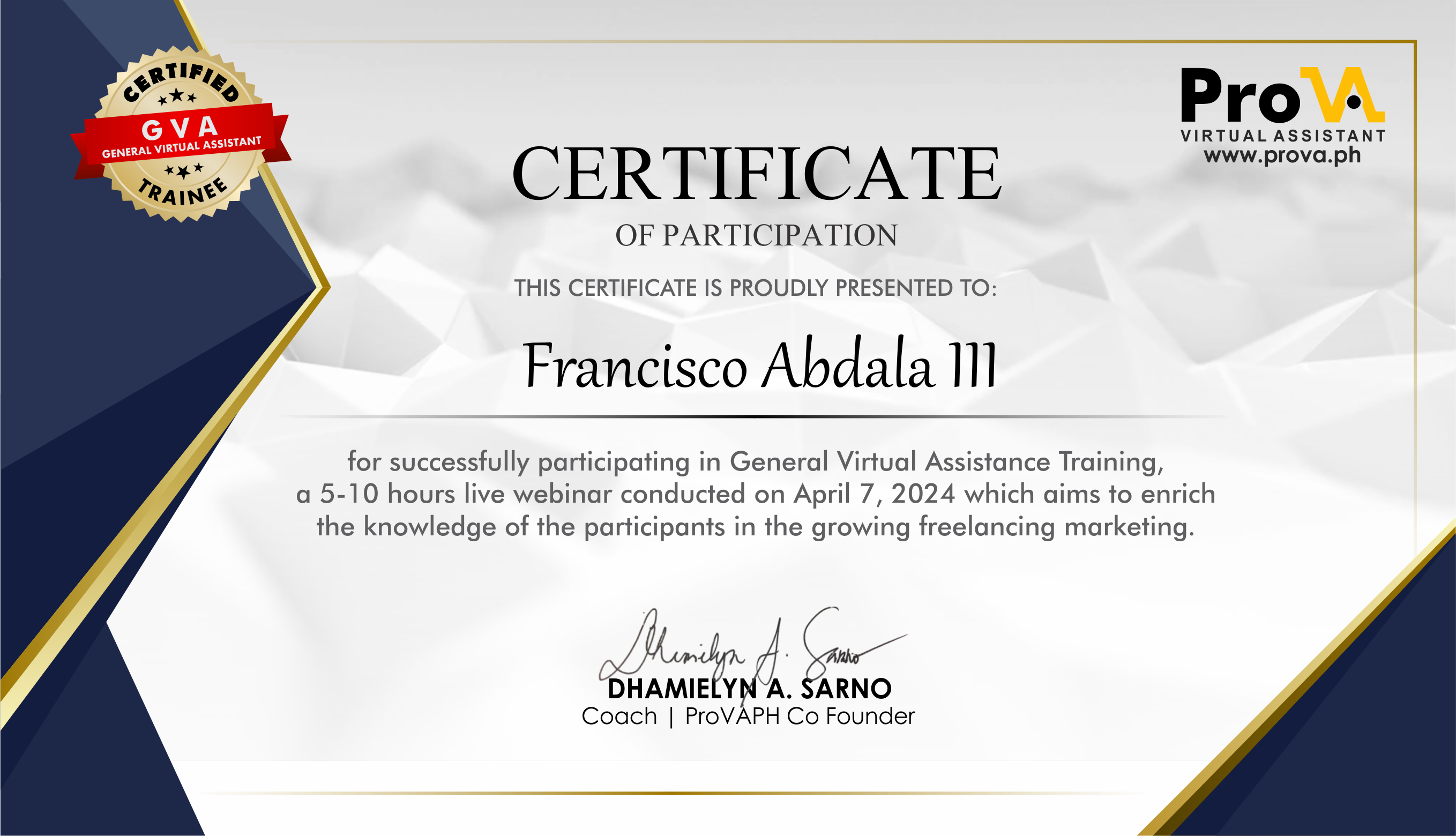 Certificate of Participation (General Virtual Assistant)