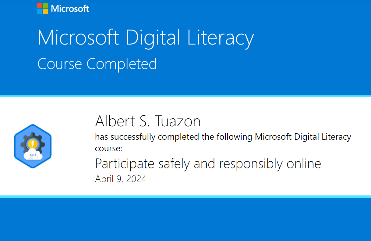 Certificate for Microsoft Digital Literacy Participate Safely and Responsible