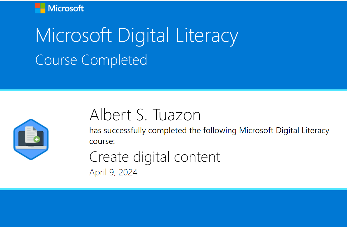 Certificate for Microsoft Digital Literacy Create Digital Content