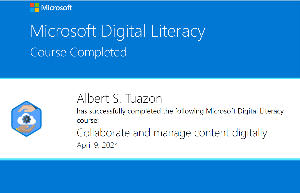 Certificate for Microsoft Digital Literacy Collaborate and Manage Content