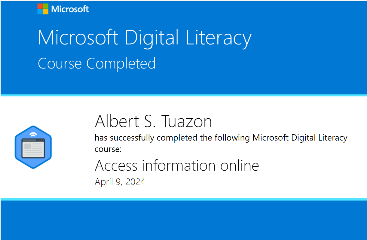 Certificate for Microsoft Digital Literacy Access Information Online