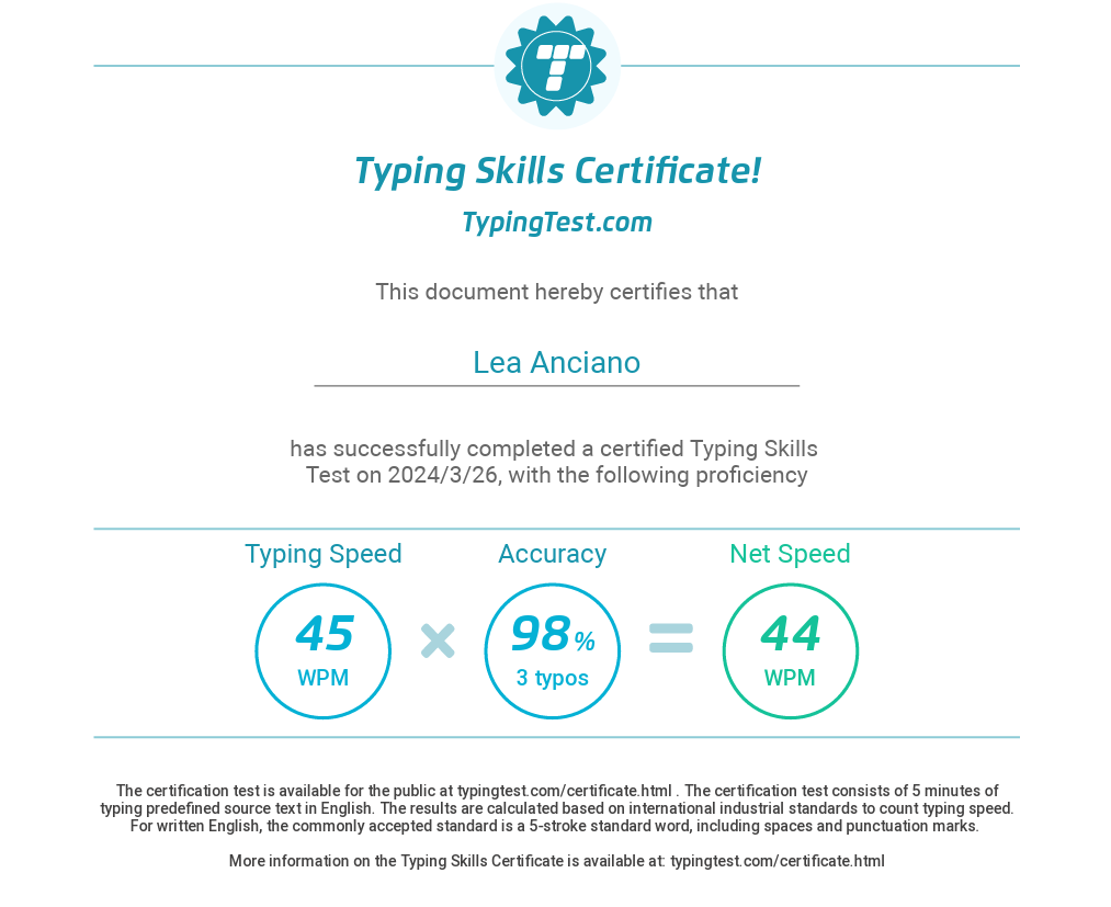 Typing Test Certificate