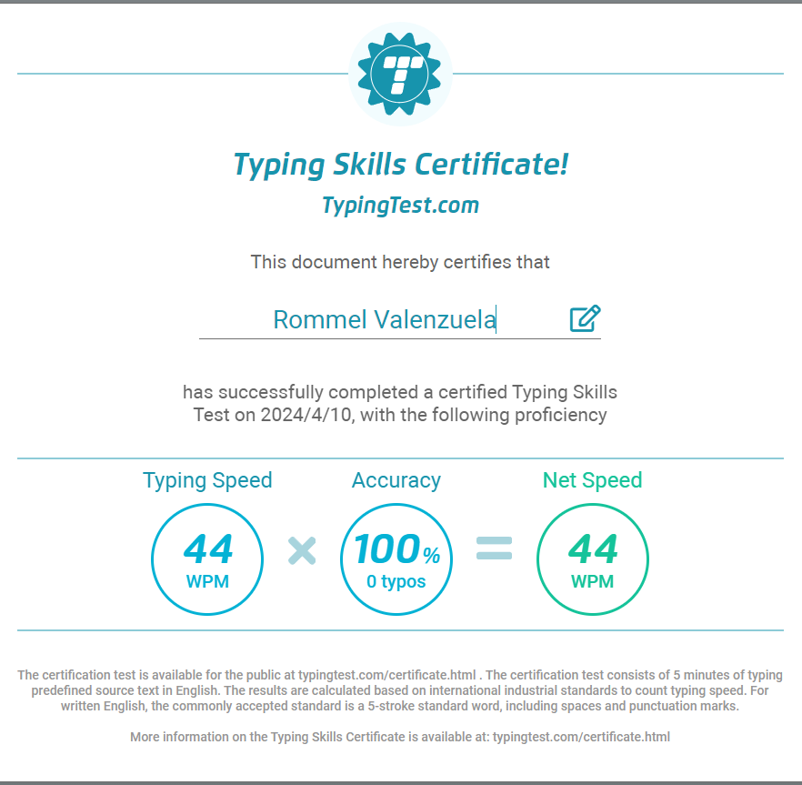 Typing Skill Certificate