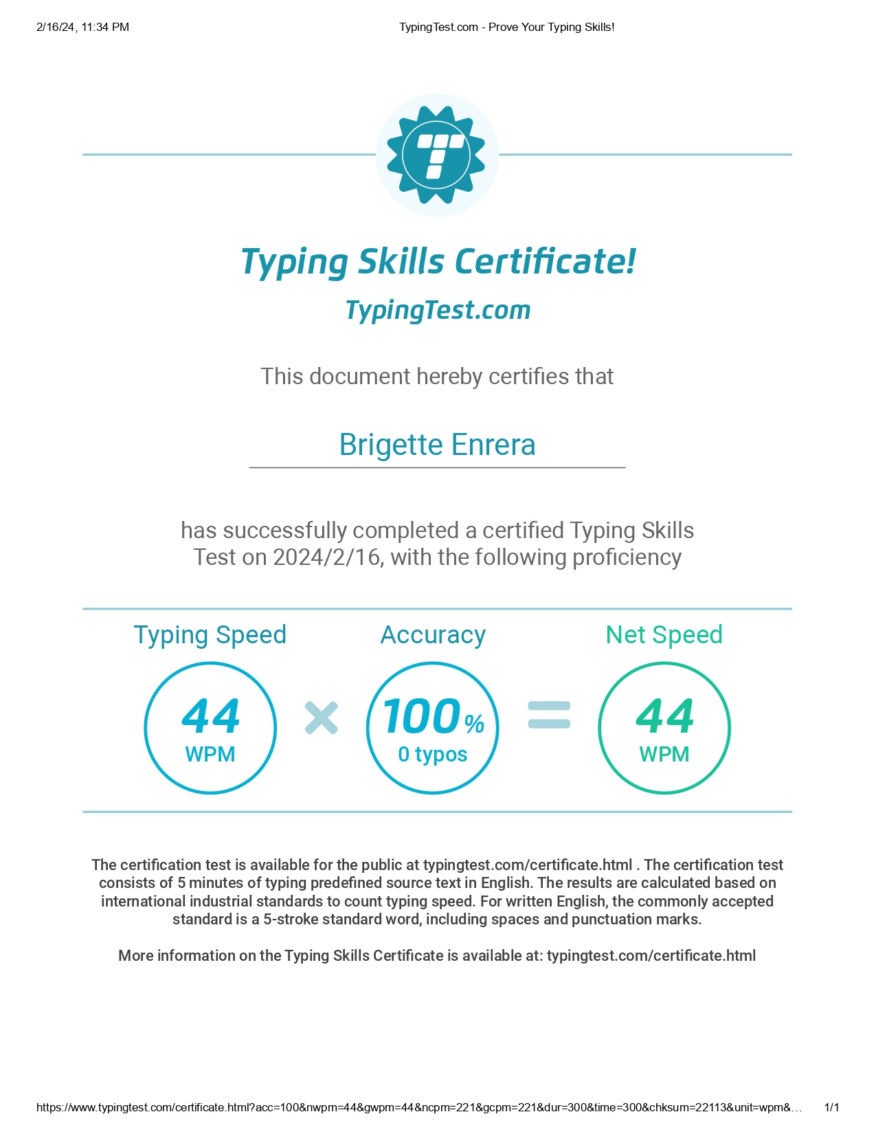 Typing Skills Certificates & Results