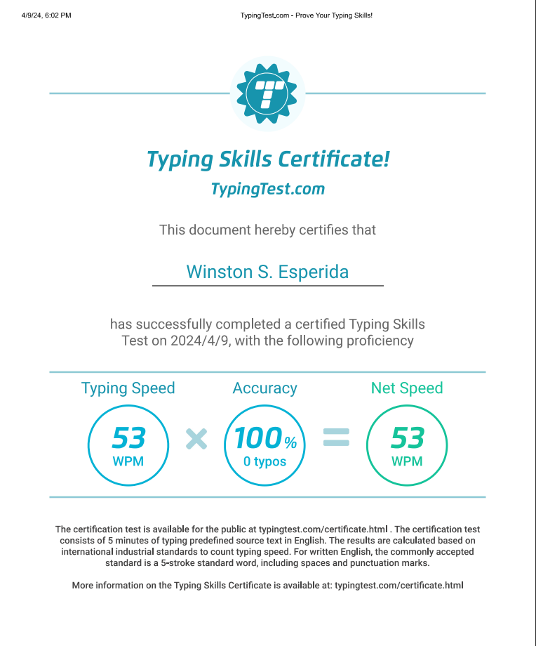 Typing Test Certificate