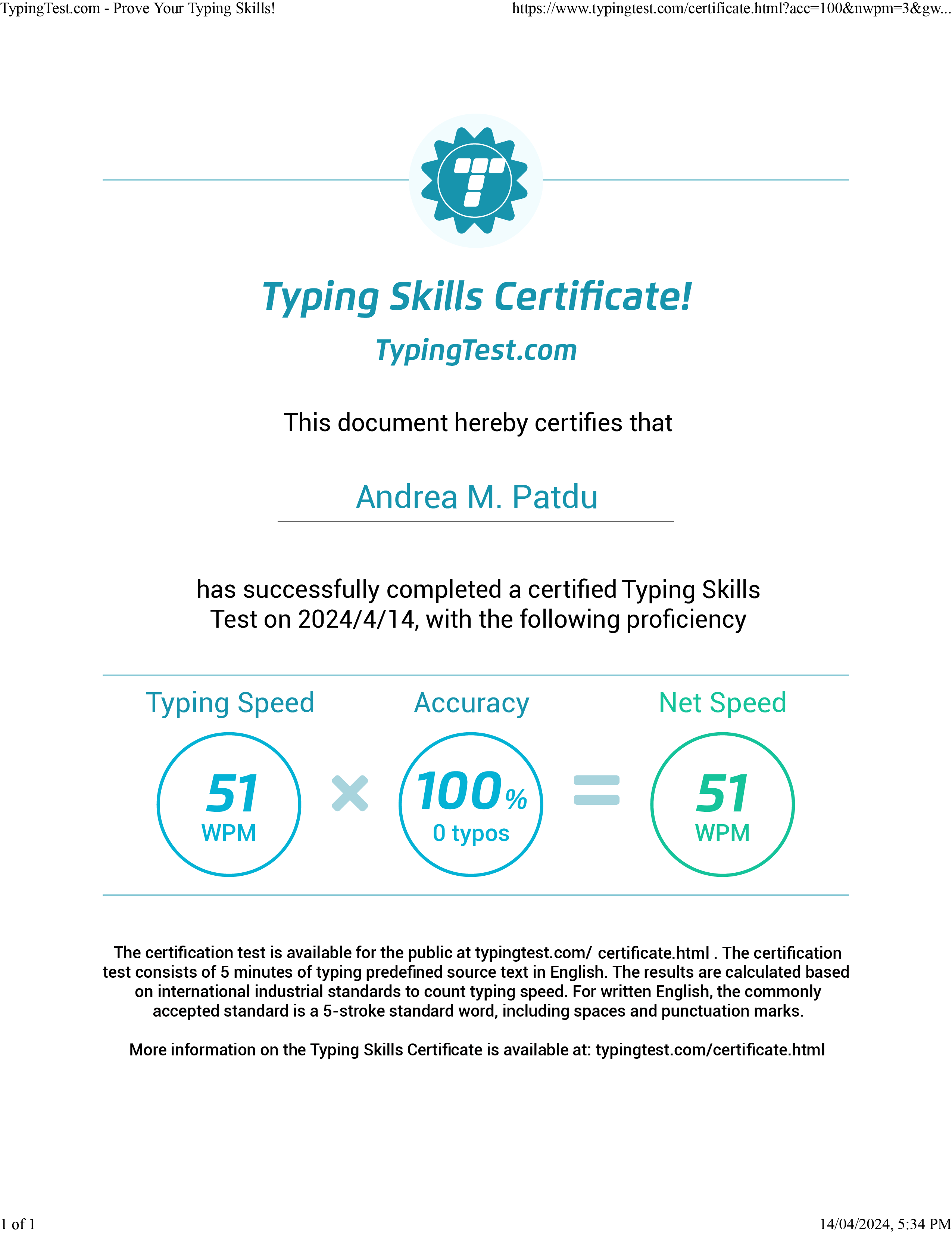 Typing Test Certificate