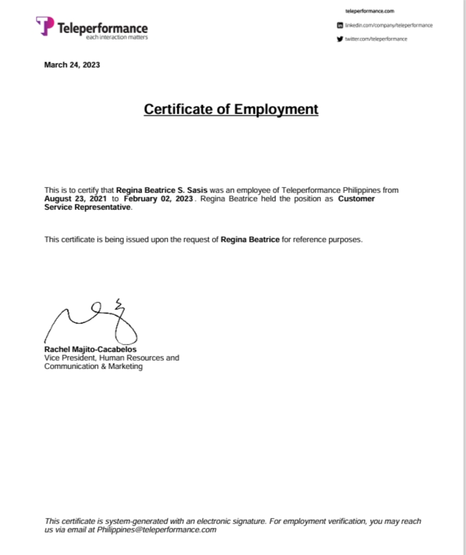 Cetificate of Employment as CSR