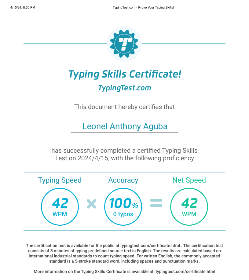 Typing Test Certificate