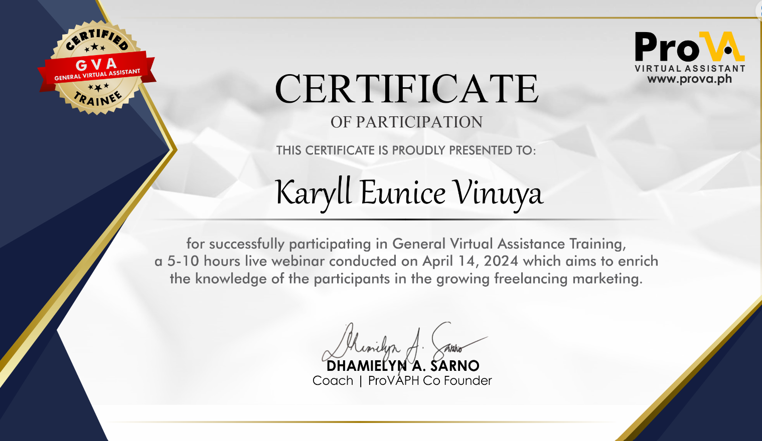 GVA trainee certificate