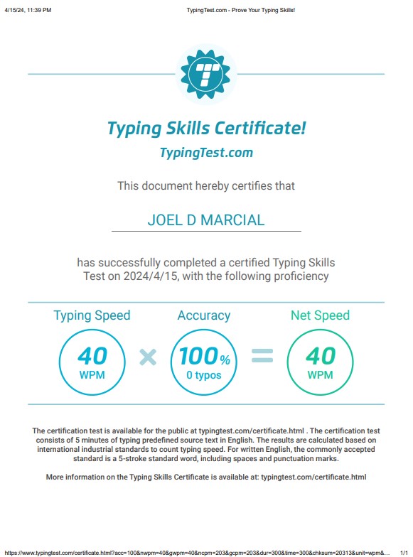 Typing Test Certificate