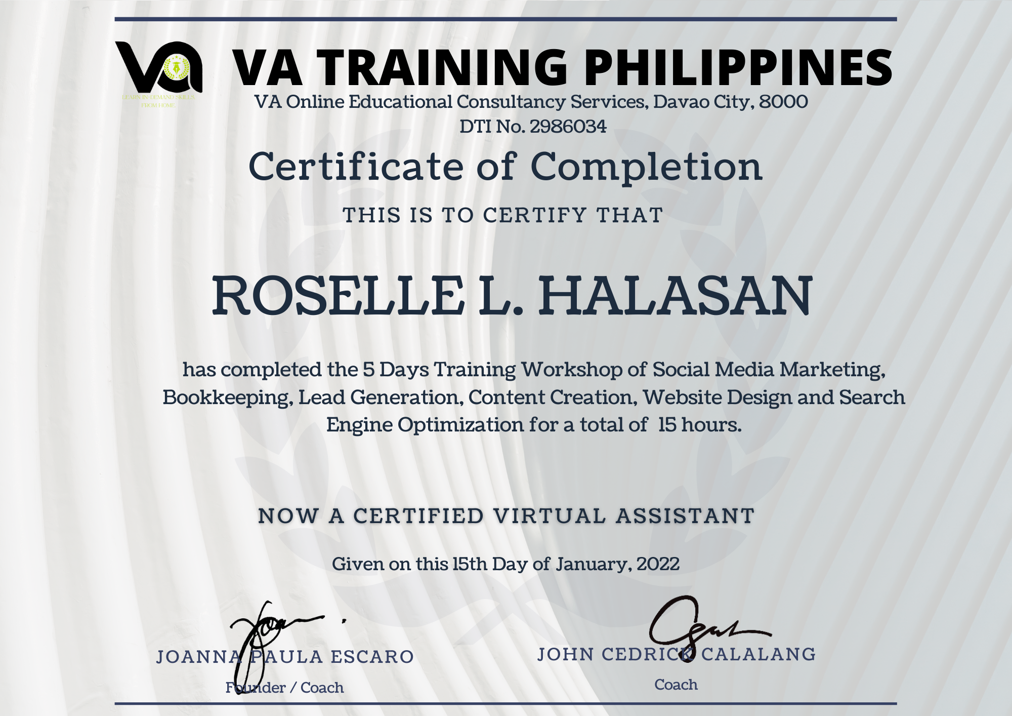 VA TRAINING PH CERTIFICATE