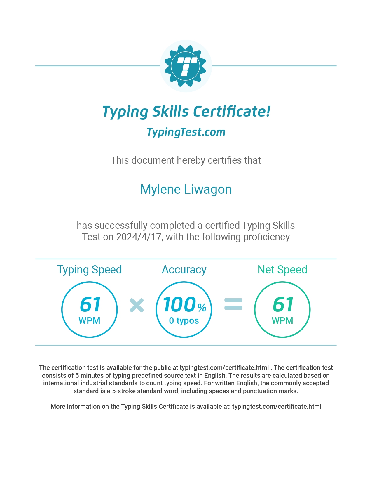 Typing Skills Certificate