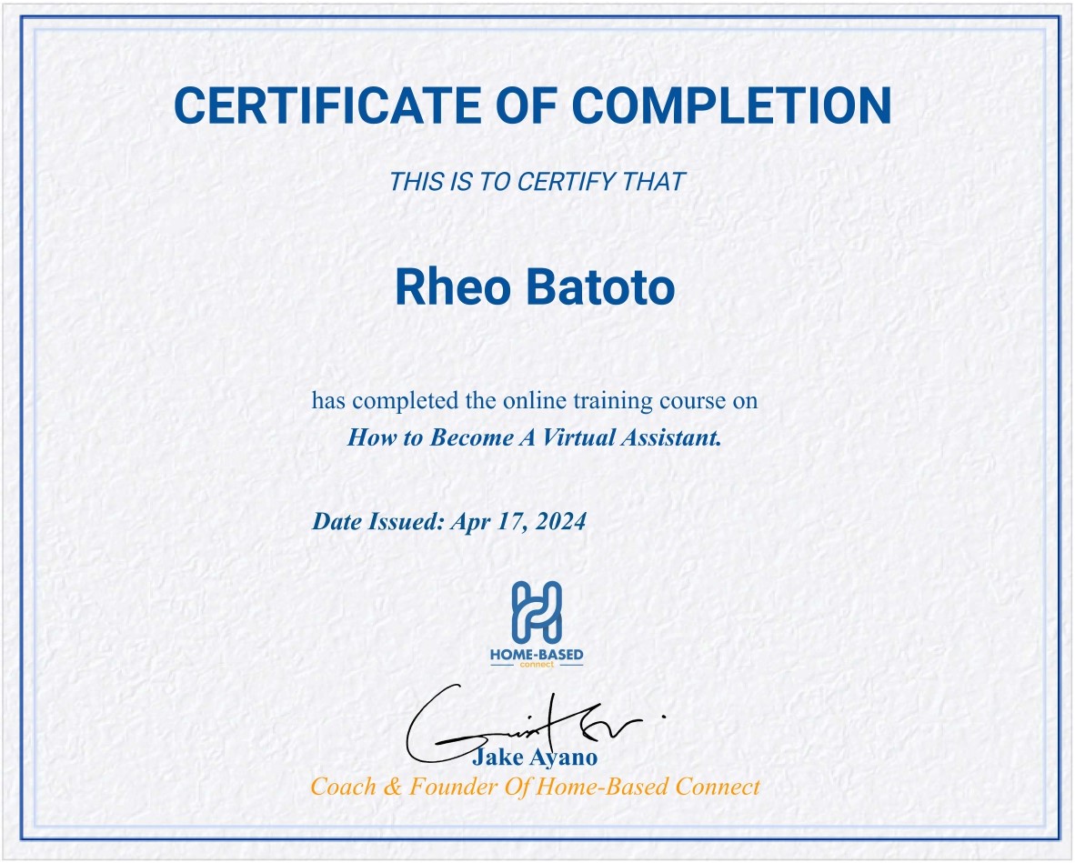 Certification of Completion for VA Training Course