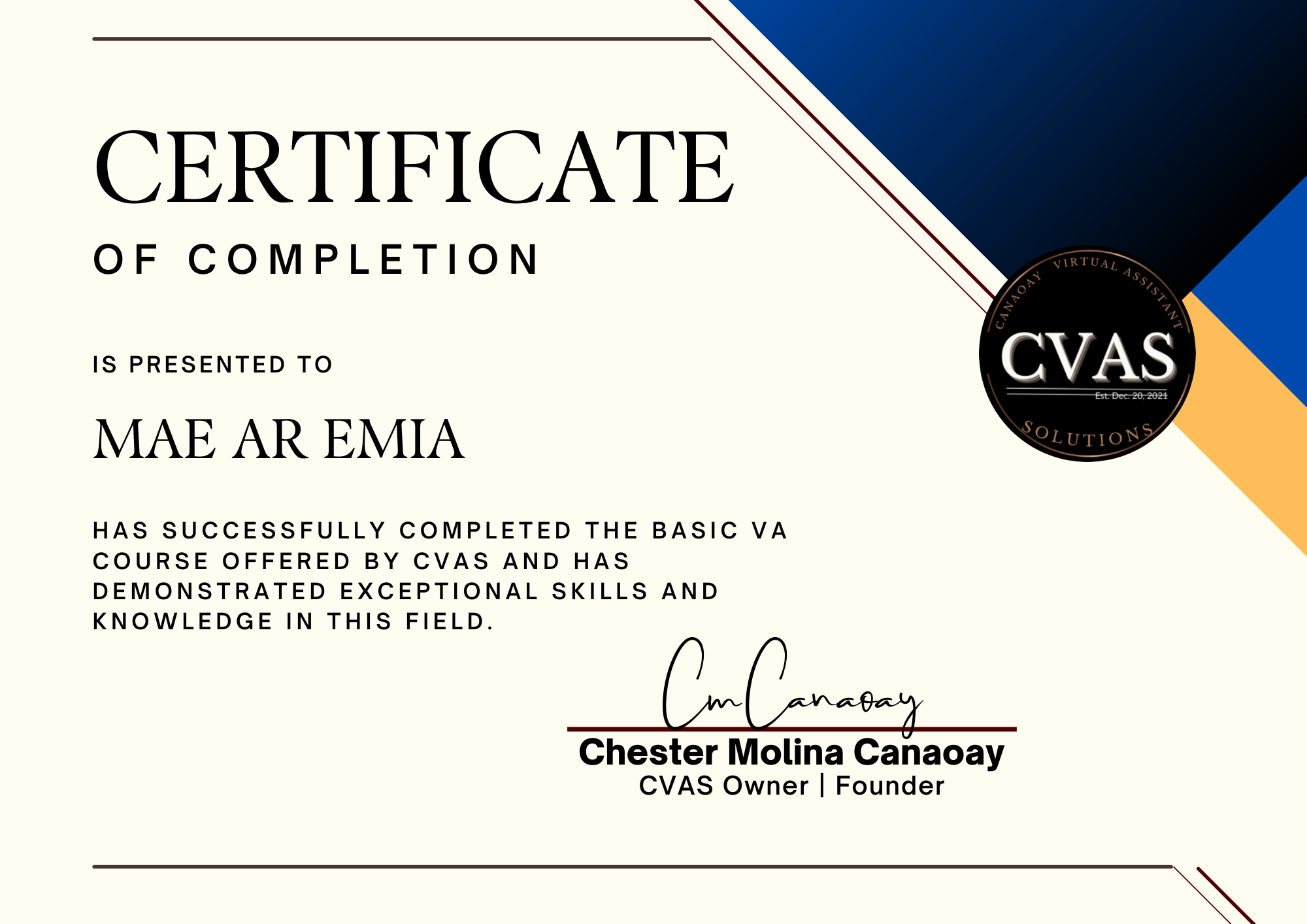 Basic VA Certificate