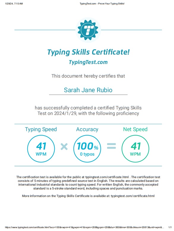 Typing Speed Test Certificate