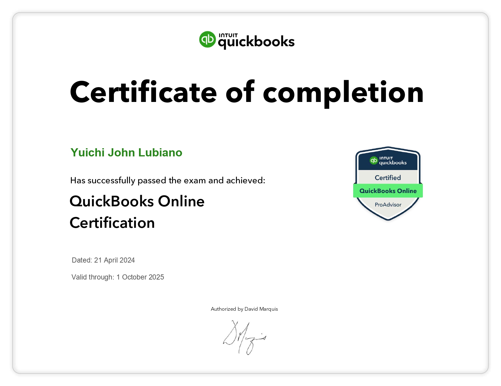 QuickBooks Certificate