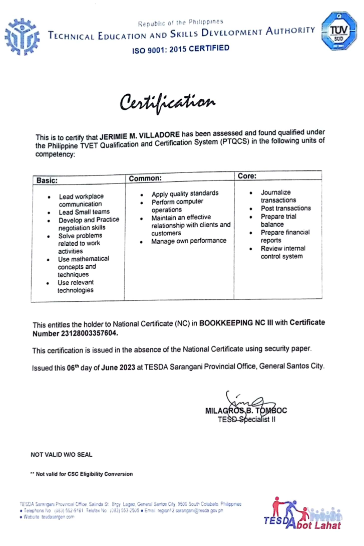 TESDA NCIII BOOKKEEPING