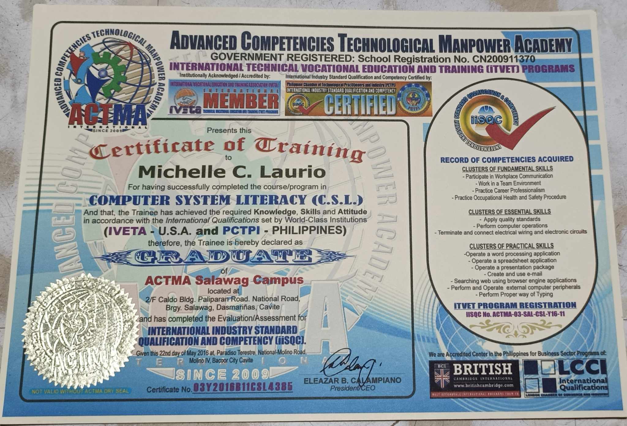 Computer System Literacy Certificate