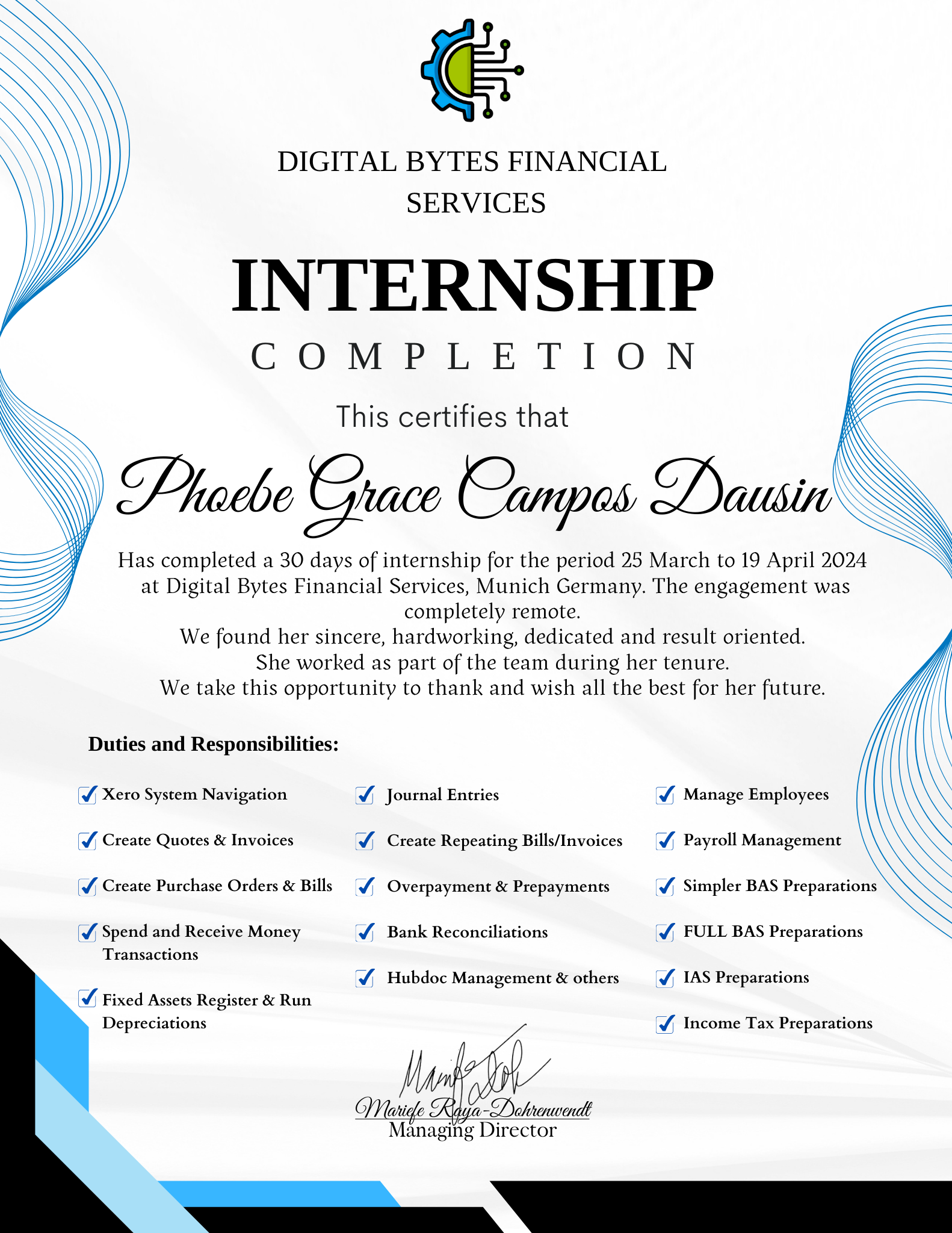 BOOKKEEPING INTERSHIP CERTIFICATE