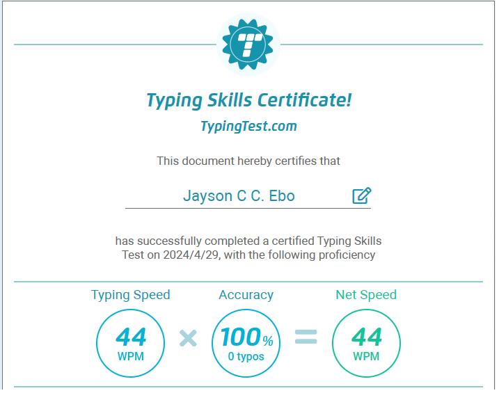 Typing Certificate