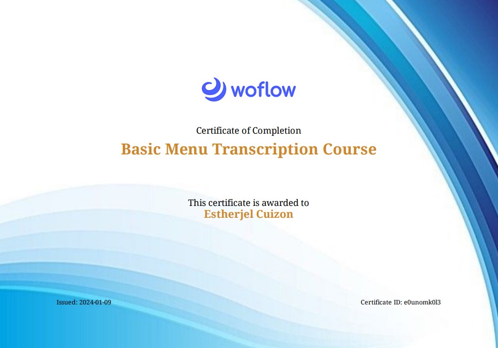 Woflow Menu Transcription Course Certificate