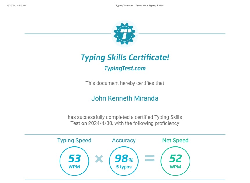 Typing Skills Certificate