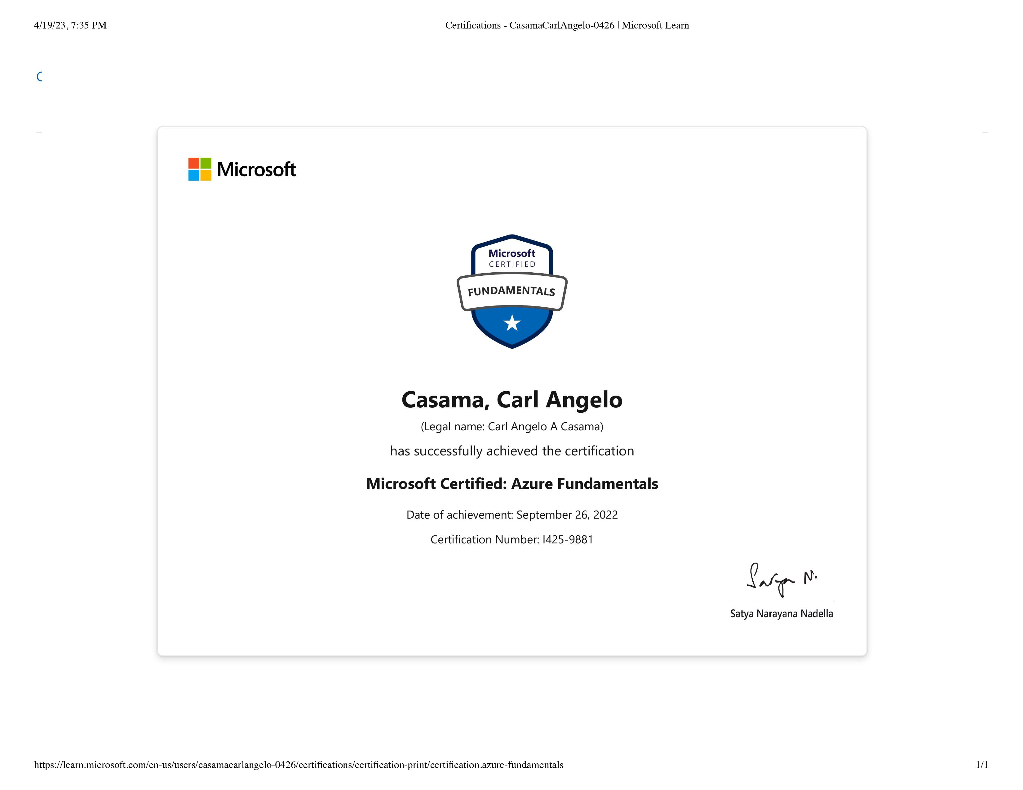 Microsoft Azure Fundamentals Certificate