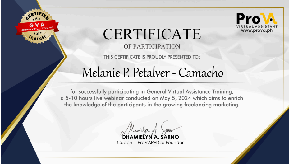 General Virtual Assistance Training  Certificate
