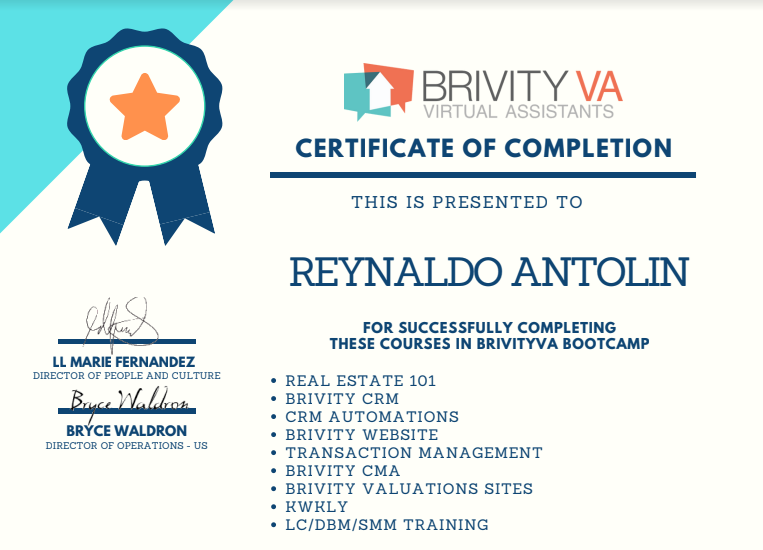 Brivity Virtual Assistant Certificate