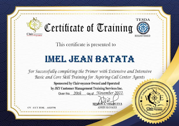 Call Center Agent Training Certificate