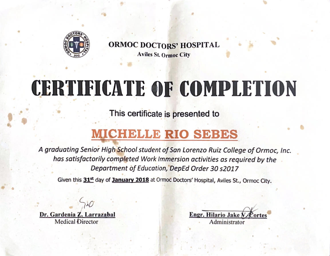 Ormoc Doctor's Hospital Work Immersion CERTIFICATE