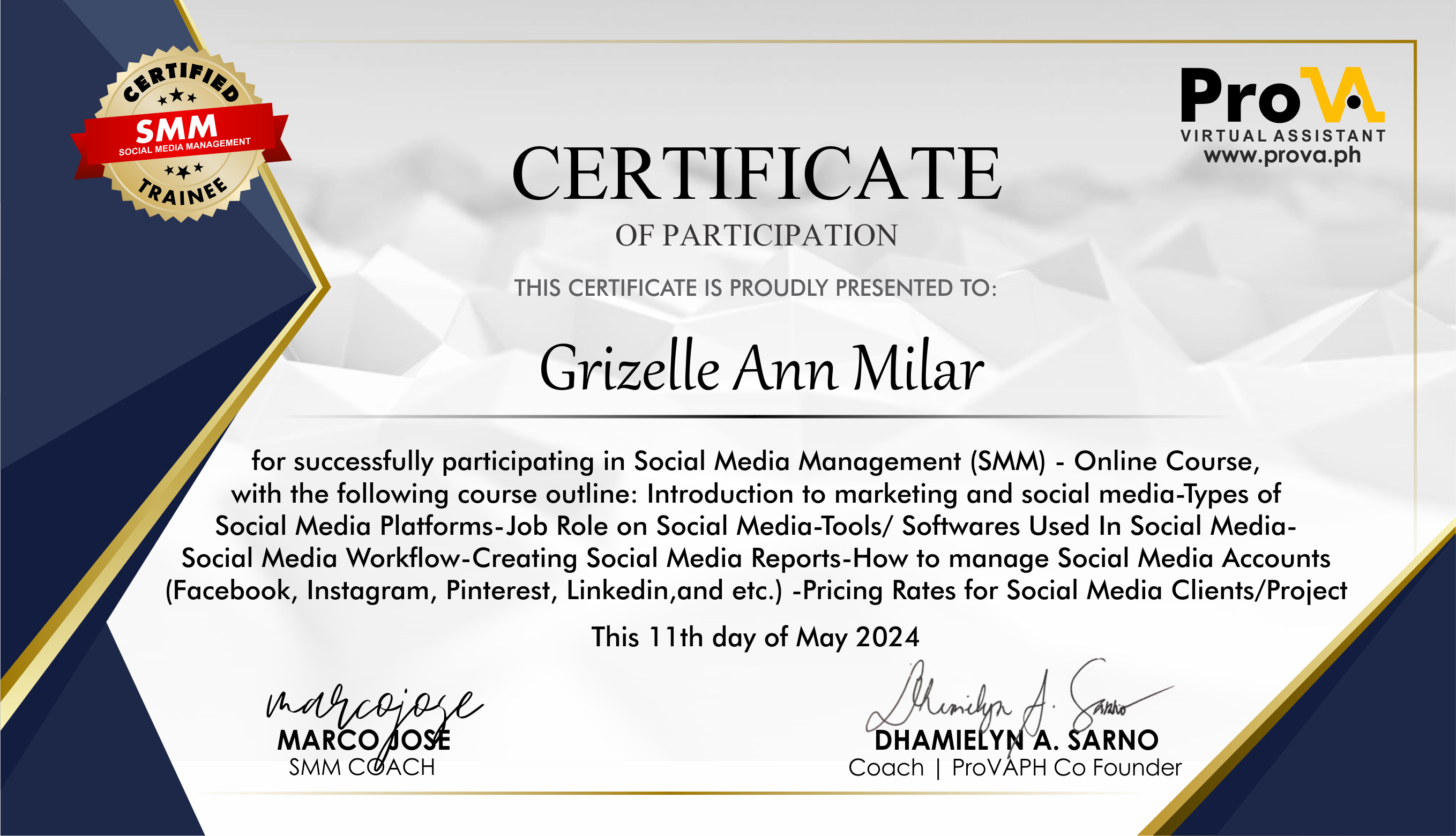 SMM Certificate